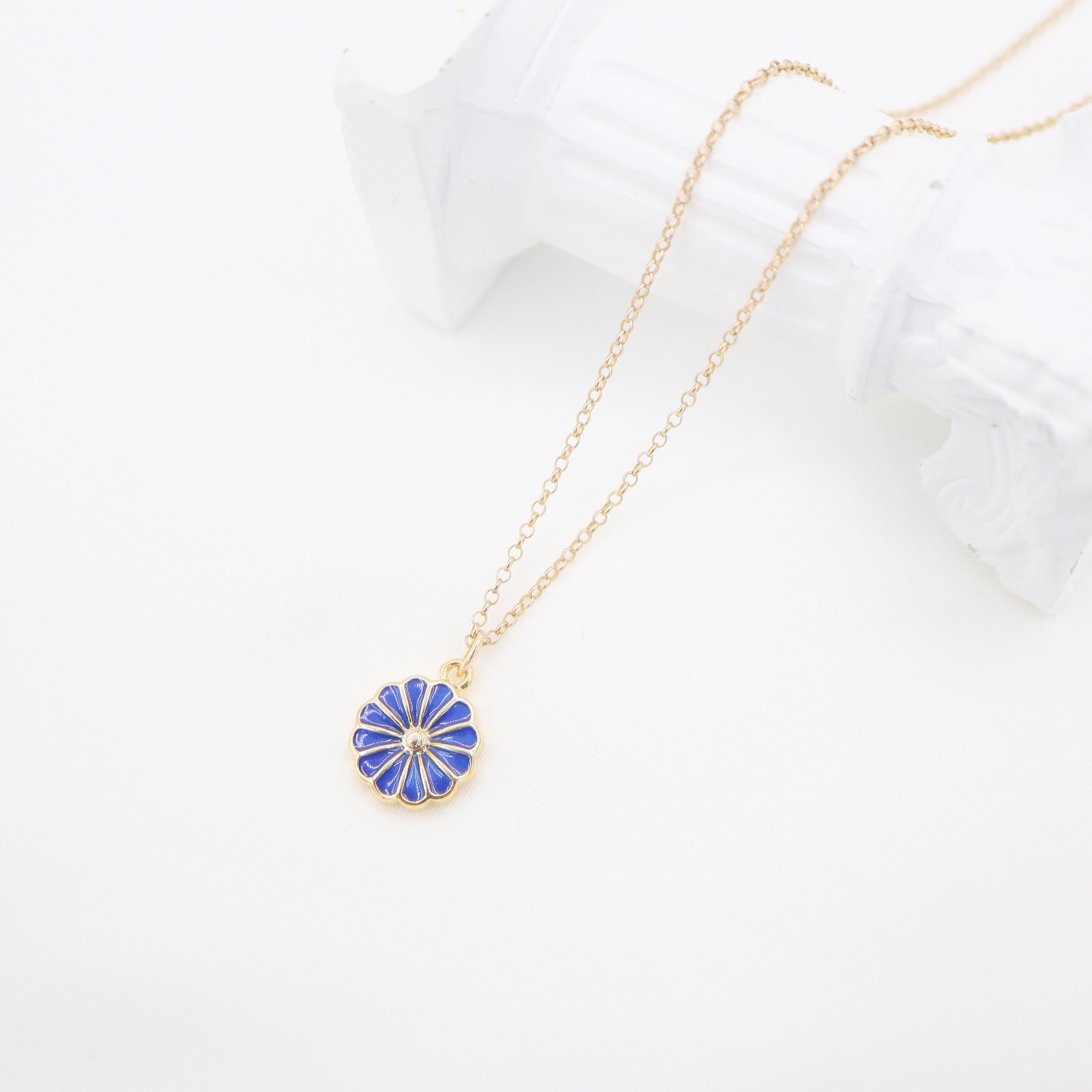 Dainty Indigo Enamel Daisy Necklace: 14K Gold Filled Floral