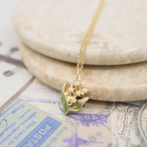 Dainty Enamel Lily of the Valley Pendant Necklace, 14K Gold Filled, Wedding Party Jewelry, Bride, Bridesmaid, Birthday Gift For Her