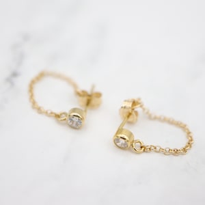 Tiny Diamond Bezel Stud Post Chain Earrings, 14K Gold Filled, CZ Cubic Zirconia, Fashion, Elegant, Wedding, Bride, Bridesmaid Gift For Her