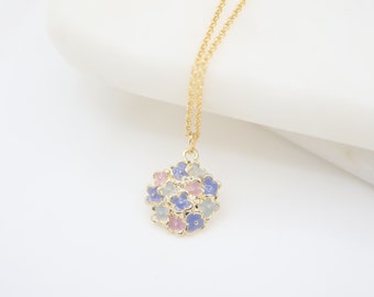 Dainty Enamel Blooming Hydrangea Pendant Necklace, 14K Gold Filled, Elegant, Wedding Party Jewelry, Bride, Bridesmaid, Birthday Gift For Her