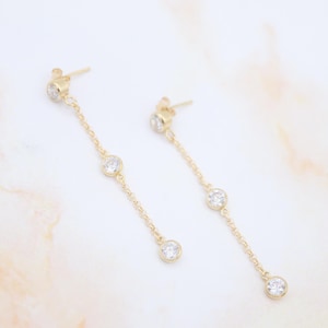 Long Tassel Diamond Dangle Earrings, Three Diamond Bezel, 14K Gold Filled, CZ Cubic Zirconia, Wedding Party Jewelry, Bride, Bridesmaid Gift