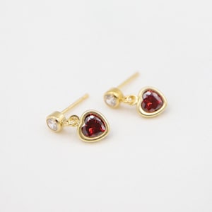 Heart Shaped Ruby Diamond Bezel Dangle Earrings, 14K Gold Filled, CZ Cubic Zirconia, Classic, Vintage, Wedding, Bride, Bridesmaid Gift