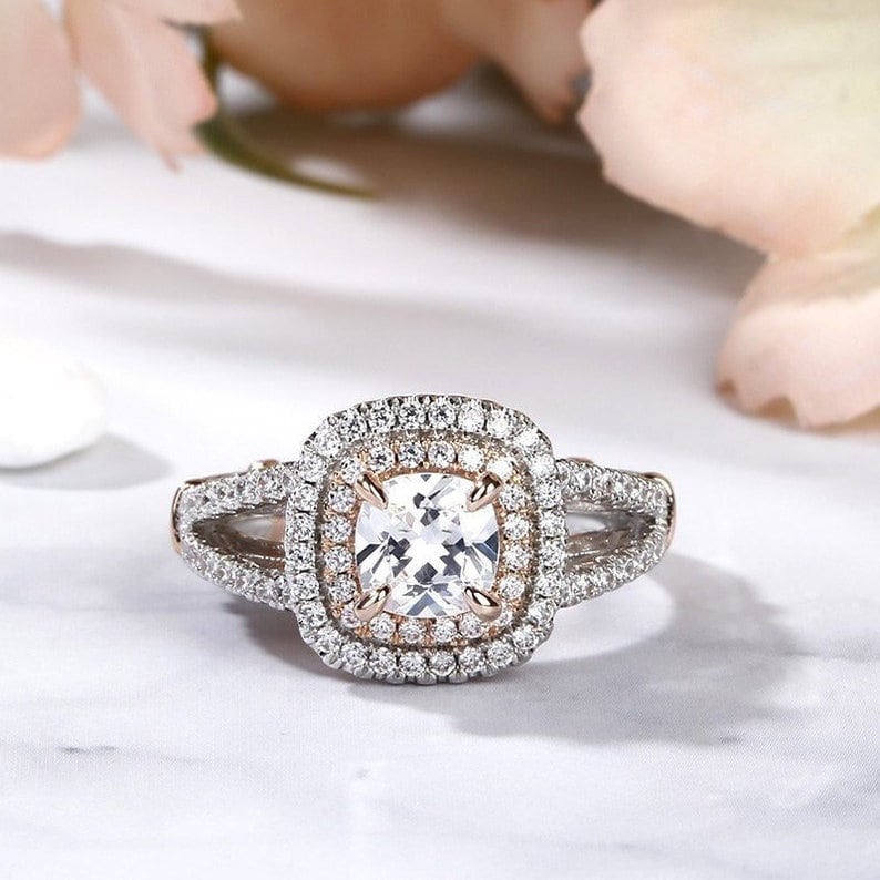 Cushion Moissanite Ring Double Halo Moissanite Engagement Ring, Spilt Shank Band, Halo Bridal Set Wedding Ring Halo, Gift for shops mine
