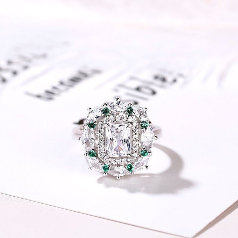 Vintage Halo Radiant Moissanite Ring Engagement shops Ring 14K White Gold Moissanite Ring Art Deco Wedding Bridal Ring Anniversary Gift
