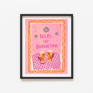 Beer ‘N’ Boogie Time Wall Print – Illustrated by Weezy Colourful Disco Beer Print, Pint Wall Art, Positive Poster Gift