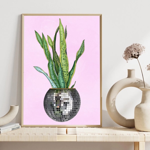 Disco Ball Planter Wall Print – Funky Disco Print Illustrated by Weezy Disco Vase, Colourful Retro Disco Ball Art, Living Room Prints