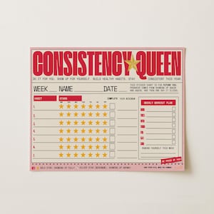 Puede incluir: Un gráfico rosa y rojo de "Consistency Queen" con una estrella dorada. El gráfico incluye secciones para rastrear hábitos, estrellas y un plan de entrenamiento semanal. El texto fomenta la creación de hábitos saludables.