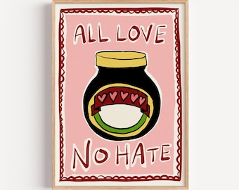 Marmite Kitchen Print: All Love No Hate, Blue Background (Unframed)