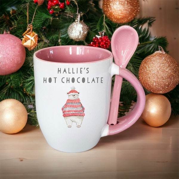 Personalised Hot Chocolate Mug & Spoon, Stocking Filler, Christmas Hot Chocolate Mug, Penguin, Polar Bear, Reindeer Mug