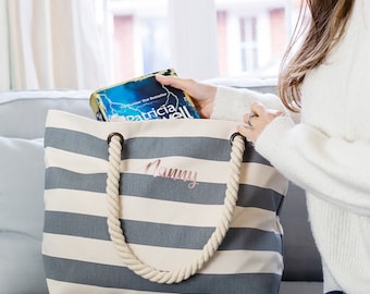 Personalised Rope Beach Bag, Canvas Shopping Bag, Honeymoon Bag, Hen Weekend, Birthday Gift, Gym Bag - Perfect Gift