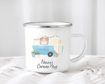 Personalised Caravan Enamel Mug, Camping Gift