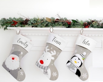 Personalised Christmas Stocking, Personalised Stocking, Christmas Stocking, Santa Reindeer Penguin & Snowman Stockings,