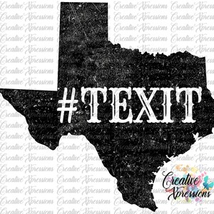May include: Black and white graphic of the state of Texas with the hashtag #TEXIT written in white text.