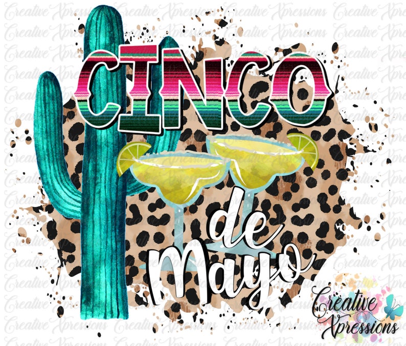 Pu&ograve; includere: Un'illustrazione digitale di un cactus, due bicchieri di margarita e il testo "CINCO de MAYO" su uno sfondo leopardato marrone e nero.