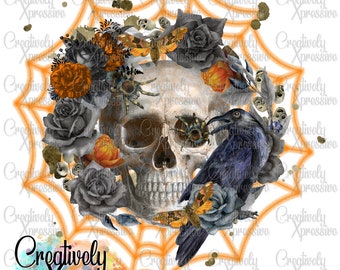 Floral Halloween Skull PNG, Halloween png, Halloween Skull Fall png, Spooky Season, Spooky Skull, Gothic Halloween png, Skull Spider Web png