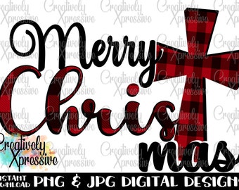 Merry Christmas Cross, Buffalo Plaid, Red Black Plaid, Keep Christ in Christmas, Sublimation Design, INSTANT DOWNLOAD, Digital Png Jpg File