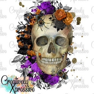 May include: A watercolour illustration of a skull with a floral arrangement of purple, orange and black flowers. The skull is surrounded by a spider's web and spiders. The background is white.