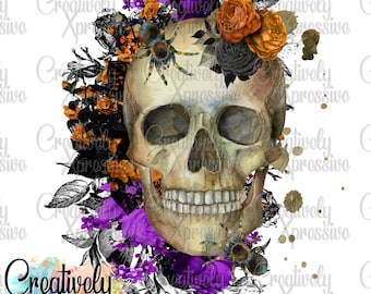 Skull with Roses, Halloween, Floral Skull, Spooky, Floral Skull Grunge, png, instant download, sublimation design, Halloween Floral png, DTG