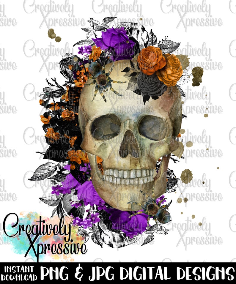 May include: A watercolour illustration of a skull with a floral arrangement of purple, orange and black flowers. The skull is surrounded by a spider's web and spiders. The background is white.