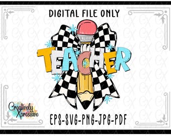 Checkered Coquette Teacher PNG: Retro Floral Design (Digital Download)