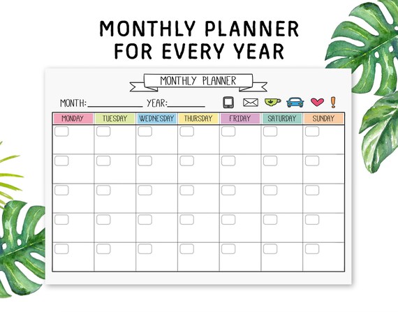 Monthy Planner Calendar Printable Template Download Etsy Monthy Planner Calendar Printable Template Download Etsy