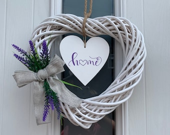 Spring/summer wreath/ white heart wreath/personalised sign/hessian bow/on the door wreath/ 35 cm/summer decor/white lavender/lavender wreath