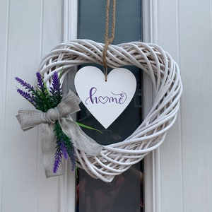 Spring/summer wreath/ white heart wreath/personalised sign/hessian bow/on the door wreath/ 35 cm/summer decor/white lavender/lavender wreath