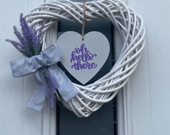 Door wreath lavender foliage grey bow welcome natural wicker heart wreath 35 cm lavender wreath lavender heart wreath on the door wreath