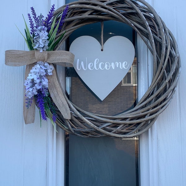 Spring/ summer door wreath/ lavender/ purple/ white lavender/ foliage/ wicker 35 cm wreath