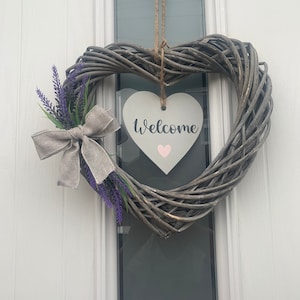 Door wreath/lavender/foliage/ grey bow/ welcome /natural wicker heart wreath 35 cm/lavender wreath/lavender heart wreath/ on the door wreath