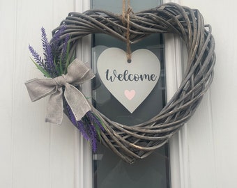 Door wreath/lavender/foliage/ grey bow/ welcome /natural wicker heart wreath 35 cm/lavender wreath/lavender heart wreath/ on the door wreath