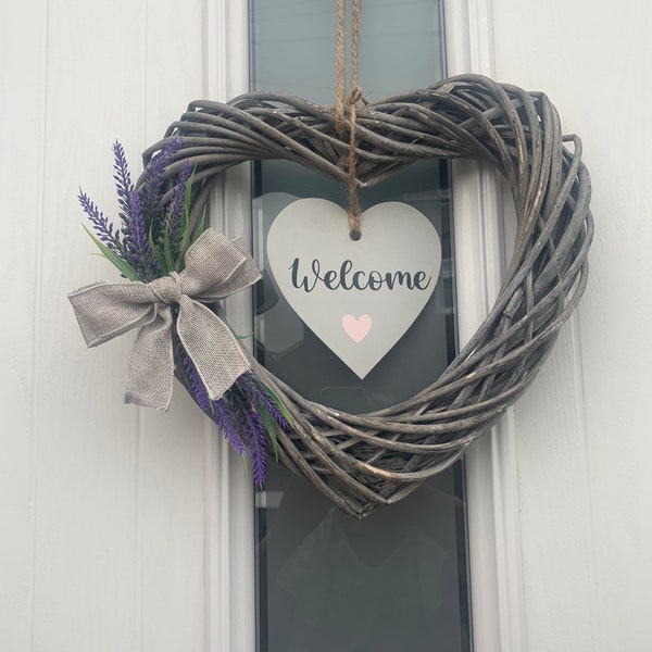 Door wreath/lavender/foliage/ grey bow/ welcome /natural wicker heart wreath 35 cm/lavender wreath/lavender heart wreath/ on the door wreath