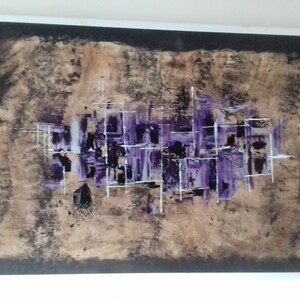 May include: An abstract painting featuring a central cluster of vertical and horizontal white lines layered over textured purple, black, and metallic gold paint. The composition is framed by a dark border within a thin white rectangular frame.