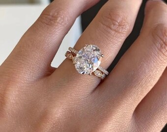 2.5 Carat Hidden Halo Oval Engagement Ring Set 14k Rose Gold Moissanite Oval Anniversary Set Forever One Bridal Set Oval Bridal Set