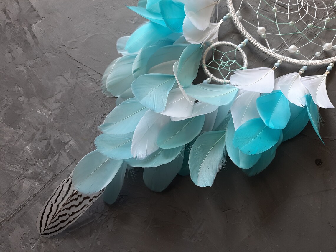 Weißer Traumfänger mit blauen Federn Boho Feder Traumfänger | Etsy