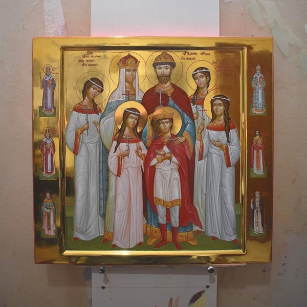 Icône de la Sainte Famille Romanov/Icône peinte à la main/Icône faite à la main/Icône orthodoxe/Martyrs royaux/Or poli/Icône grecque/