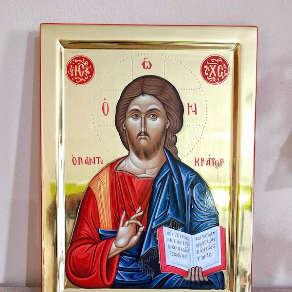 Jesus Christ Pantocrator Icon/Handpainted Icon/Polished Icon/Orthodox Icon/Byzantine Icon/Religious Icon/Greek Icon/