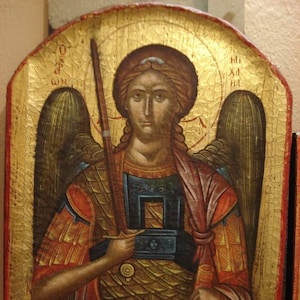 Arcángel Miguel Ícono pintado a mano/Ícono hecho a mano/Copia pintada Antreas Ritzos Creta/Ícono ortodoxo/Ícono de los arcángeles/Ícono griego/