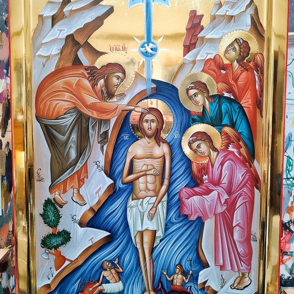L'icône du baptême du Christ/Icône peinte à la main/Icône de la théophanie/Peinture à la main/Icône orthodoxe/Fabriqué sur commande/Icône grecque/