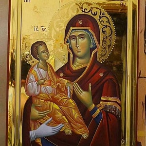 Virgin Mary Tricherousa Icon/Handpainted Icon/Handmade Icon/Polished Gold/Mount Athos/Religious Icon/Greek Icon/