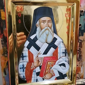Saint Nektarios of Aigina.Handmade icon with polished Gold 24K.dimension 30x40cm./Greek Icon/