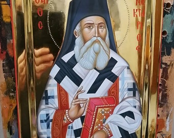 Saint Nektarios of Aigina.Handmade icon with polished Gold 24K.dimension 30x40cm./Greek Icon/