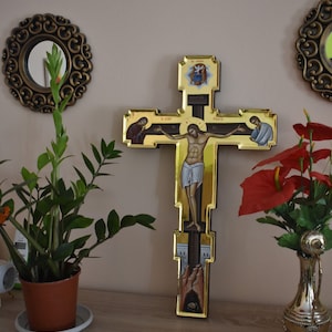 Crucifix Jesus Christ Cross Hand-Painted Icon/Handpainted Icon/Polished Gold Icon/Cross/Byzantine Icon/Greek Icon/