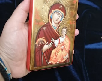 Holy Virgin Mary Portaitissa Handmade icon/Handpainted Small Icon/Mount Athos/Greek Icon/Religious Icon/ Miniature Icon /10x15cm/Greek Icon/