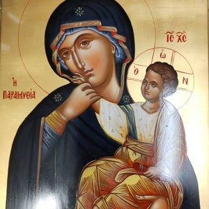 Icono de la Virgen María Paramythia/Icono pintado a mano/Monte Athos/Icono ortodoxo/Theotokos/Icono bizantino/griego/