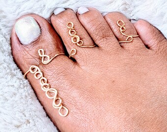 Wire Wrapped Gold Toe Ring 3 Piece Set I Adjustable Toe Ring Set I Spiral Toe Ring