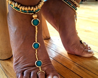 Boho Anklet Toe Ring Set: Teal Glass Seed Bead Foot Jewelry