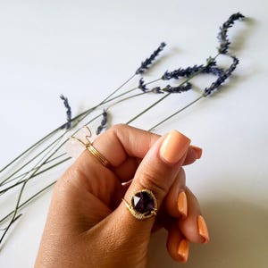 Amethyst Crystal Ring, Wire-Wrapped Gold Ring, Adjustable Healing Gemstone Jewelry