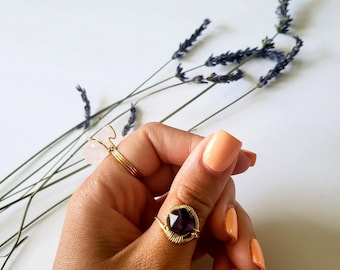 Amethyst Crystal Ring, Wire-Wrapped Gold Ring, Adjustable Healing Gemstone Jewelry