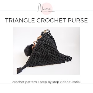 May include: A black triangle crochet purse with a fluffy black pom-pom and gold-coloured hardware. The purse has a zip closure and a strap. Text on the image reads "TRIANGLE CROCHET PURSE" and "crochet pattern + step by step video tutorial."